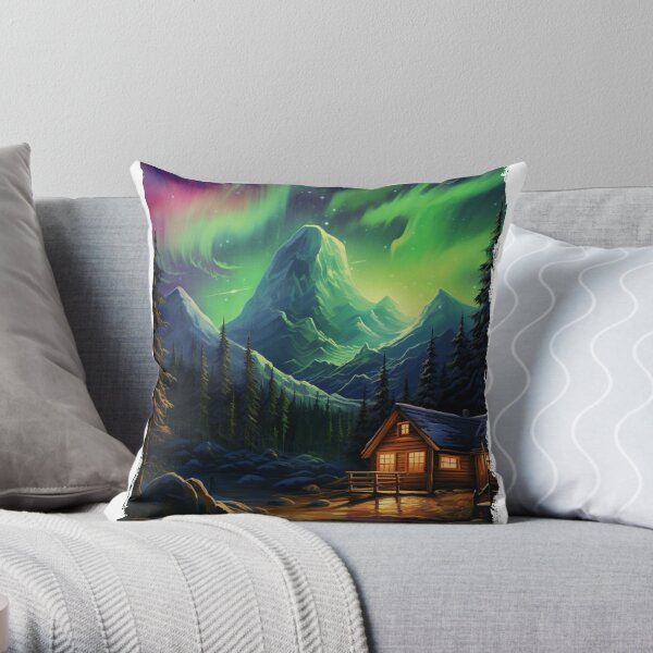Northern Light scenery mountains trees & Cabin Throw Pillow RB1008 product Offical amp Merch
