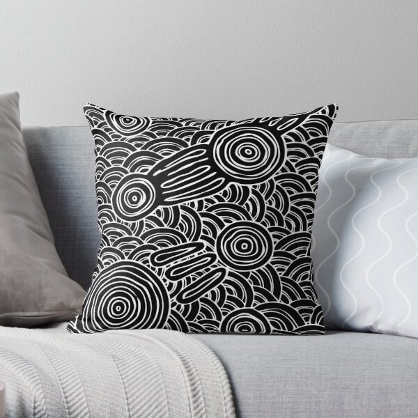 Authentic Aboriginal Art - Meeting Places B&W Throw Pillow RB1008 product Offical amp Merch